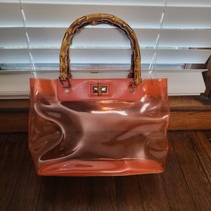 Monsac Translucent Peach Handbag with Leather Accents & Bamboo Handles